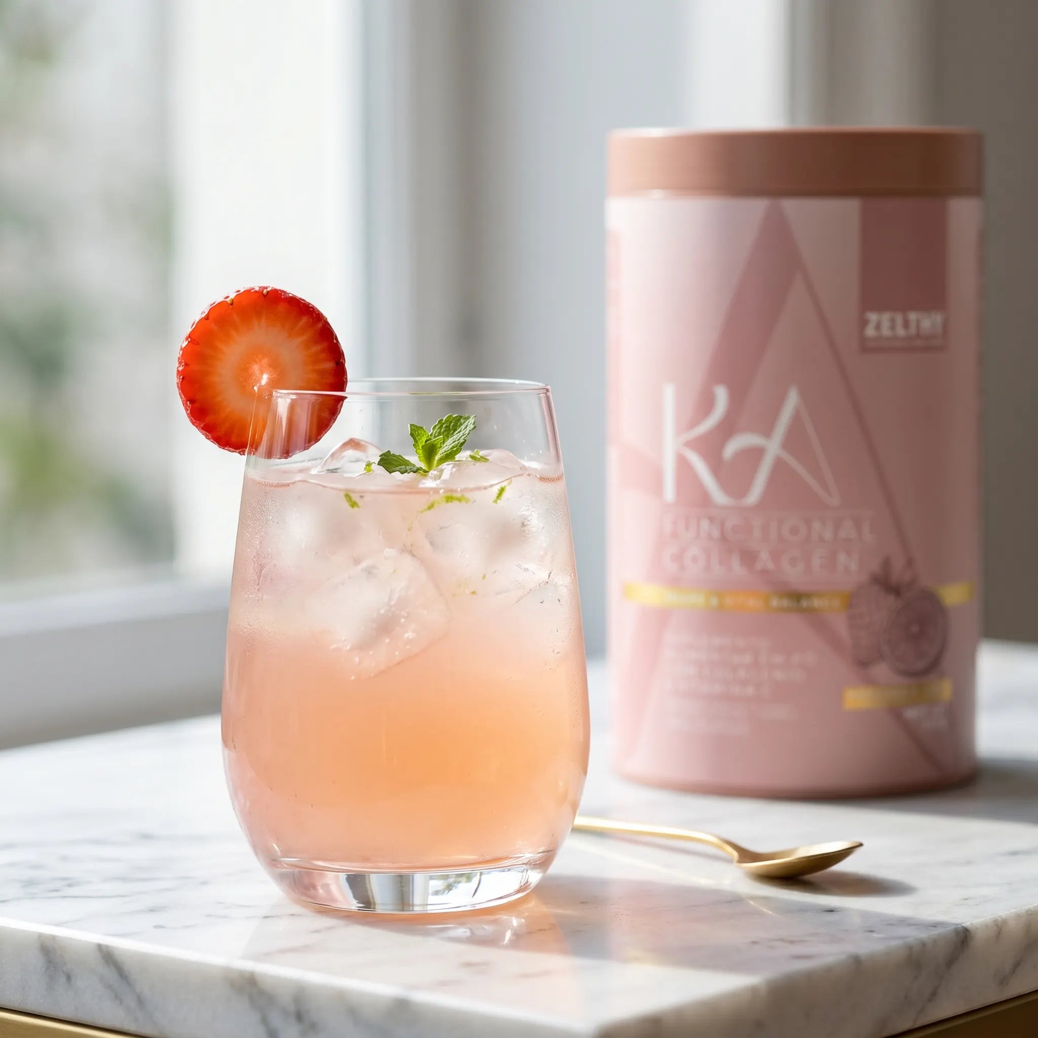 Bebida KA Colagénio Funcional preparada – copo com gelo, morango e lima