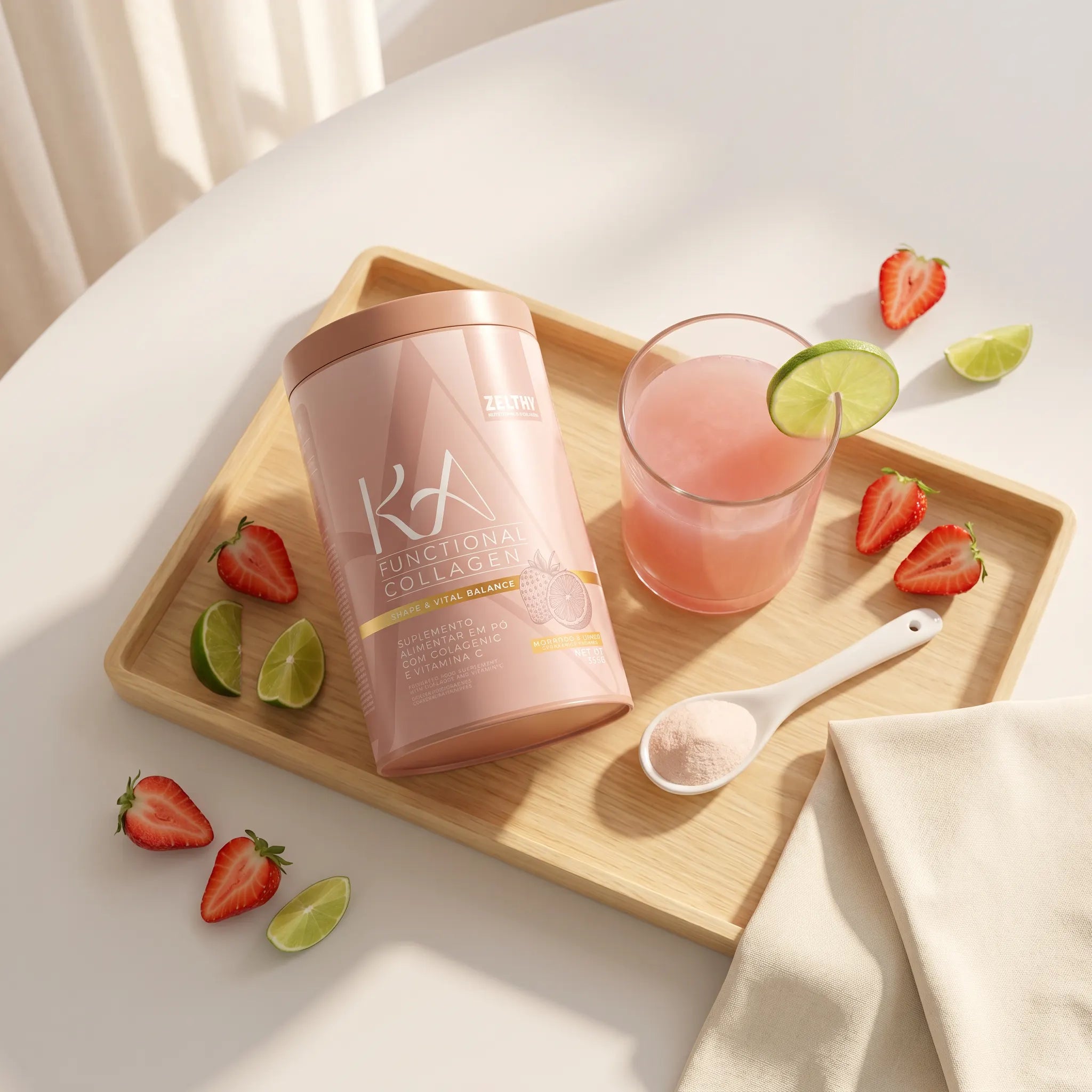 KA Colagénio Funcional flat lay com ingredientes – colagénio em pó, chá-mate, lima e morango
