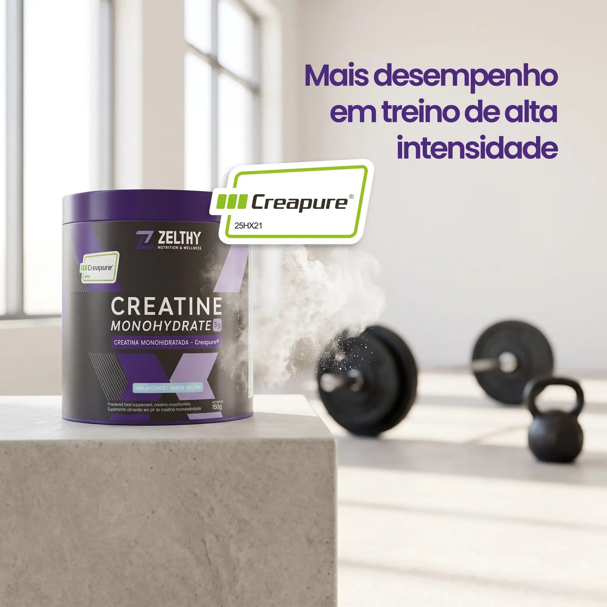 Creatina Creapure Zelthy aumenta o desempenho físico em séries de exercício curto e intenso, com 3 g por dia