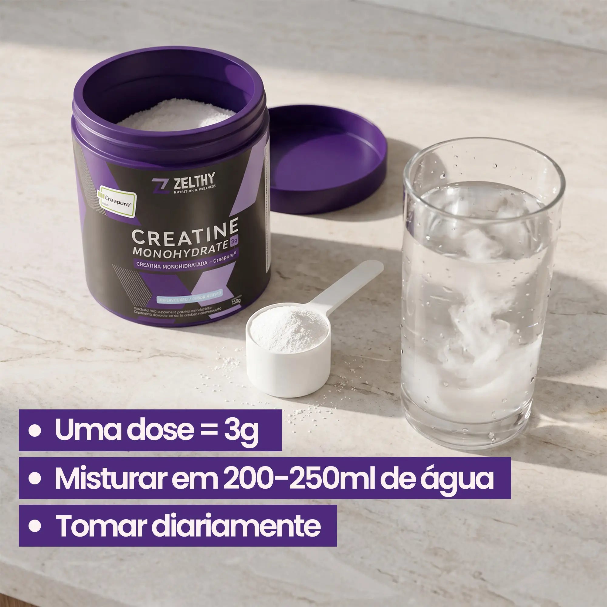 Como preparar a Creatina Creapure Zelthy: colher de 3 g e copo de água