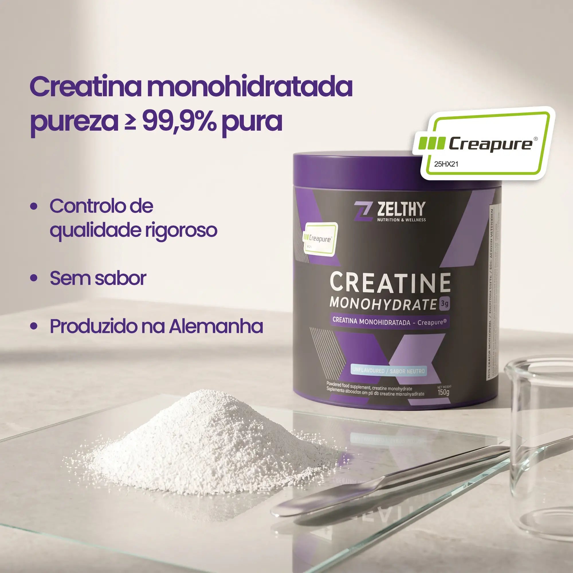 Creatina Creapure premium Zelthy — pureza 99,9% sem sabor 150g