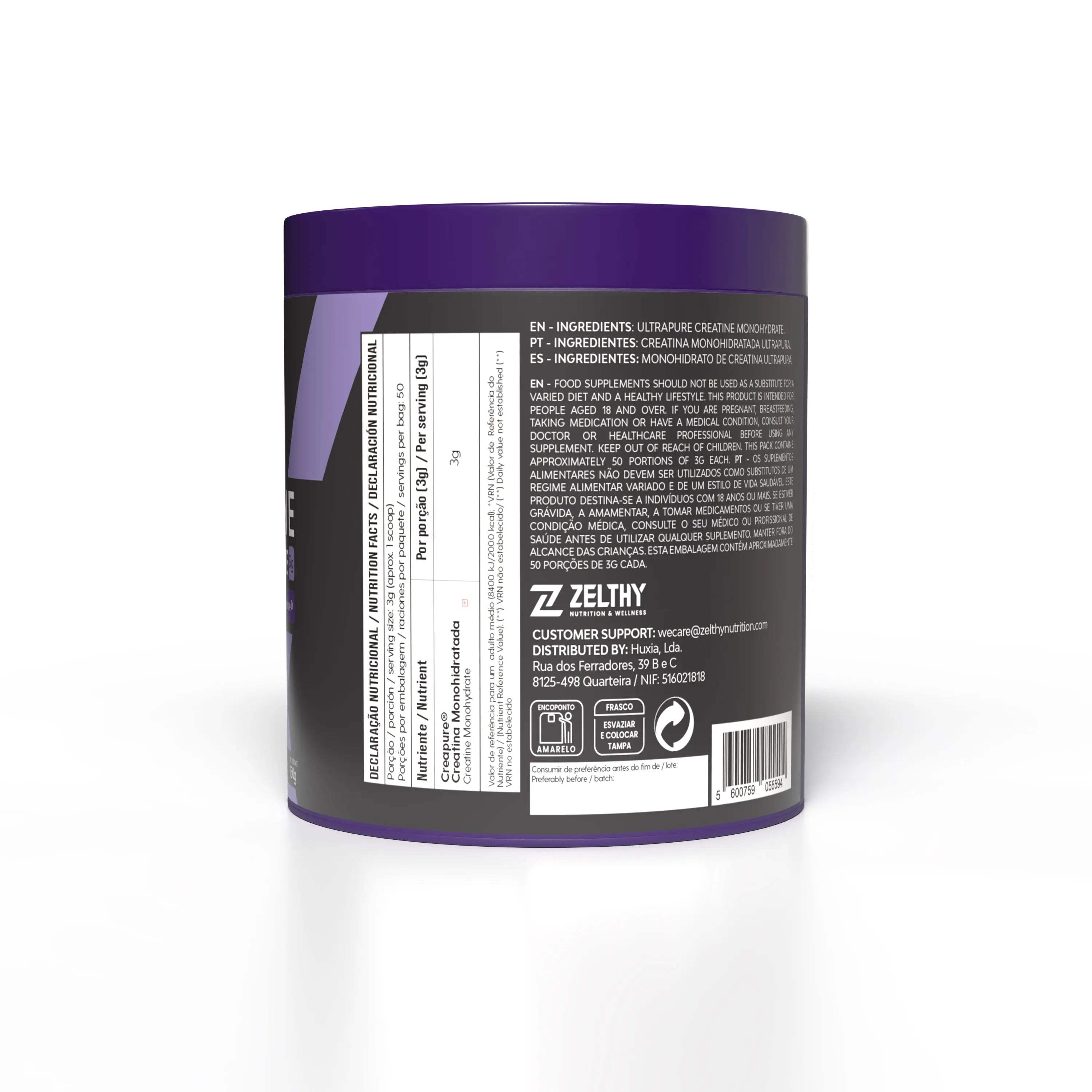 Creatina Creapure premium Zelthy — pureza 99,9% sem sabor 150g