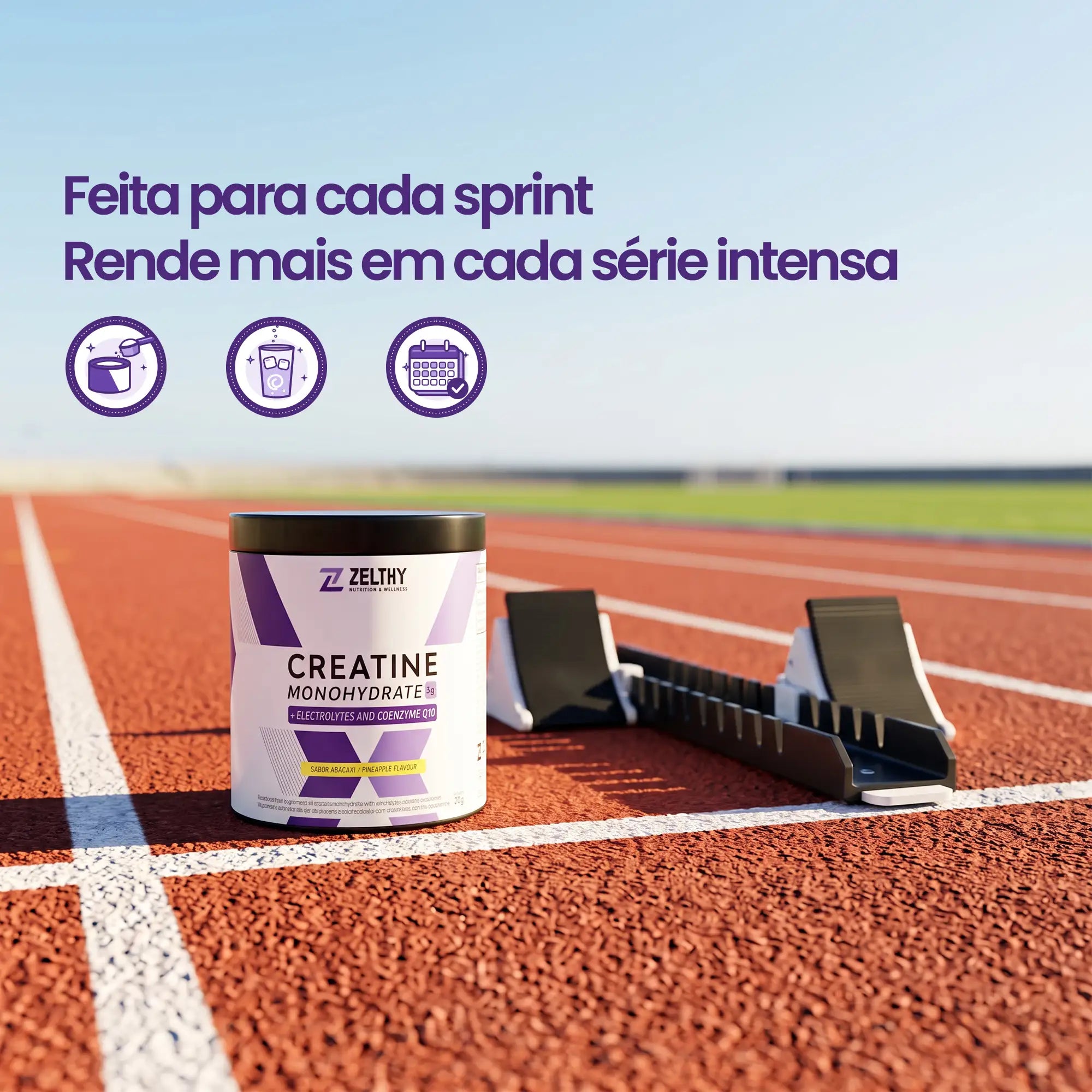 Creatina com eletrólitos e CoQ10 Zelthy aumenta o desempenho físico em séries de exercício curto e intenso, com 3 g de creatina por dia