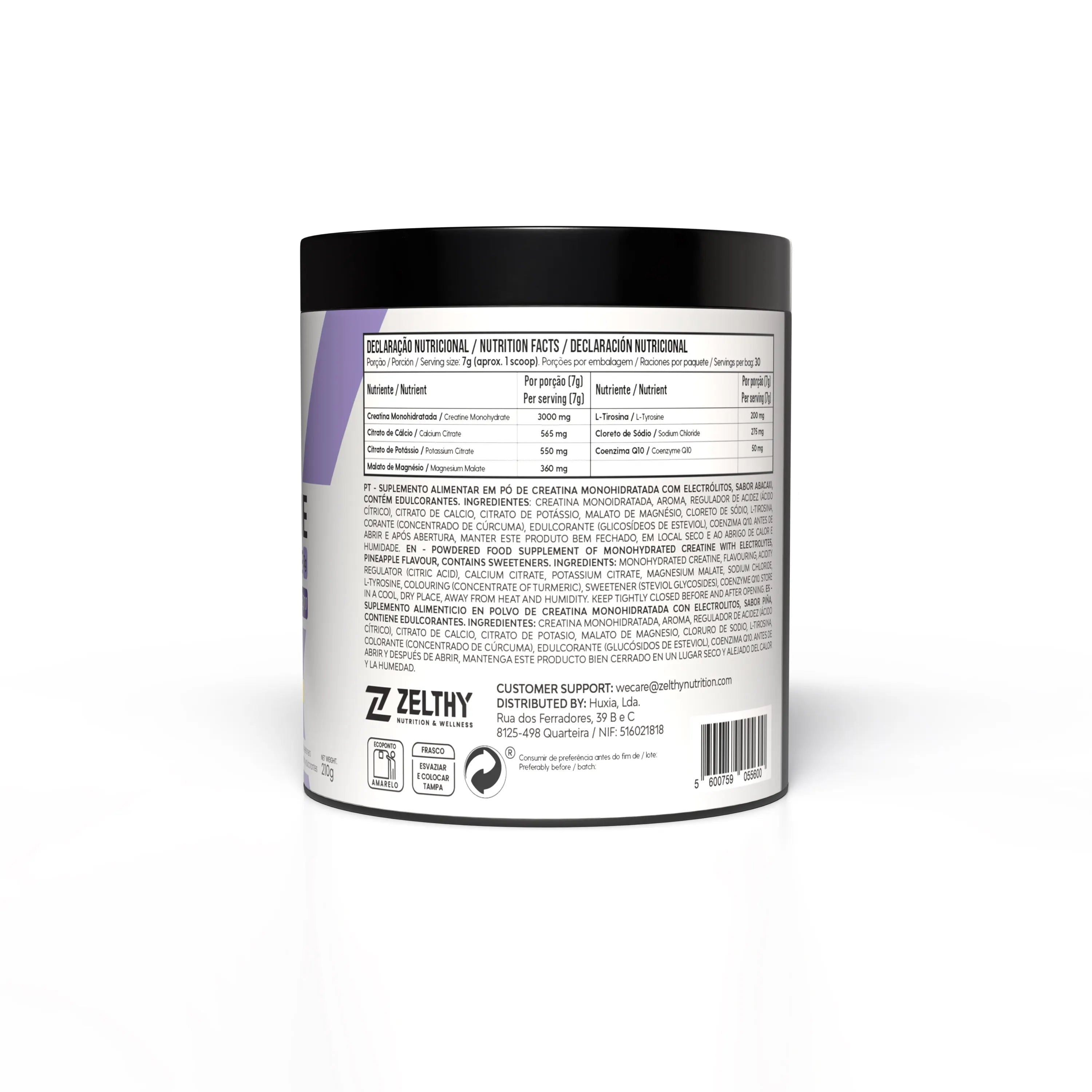 Creatina com eletrólitos e CoQ10 Zelthy — sabor abacaxi 210g