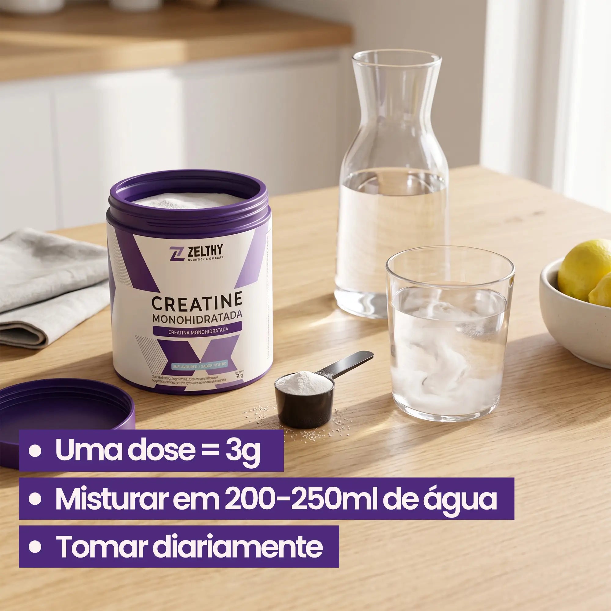 Como preparar a Creatina Monohidratada Zelthy: colher de 3 g e copo de água