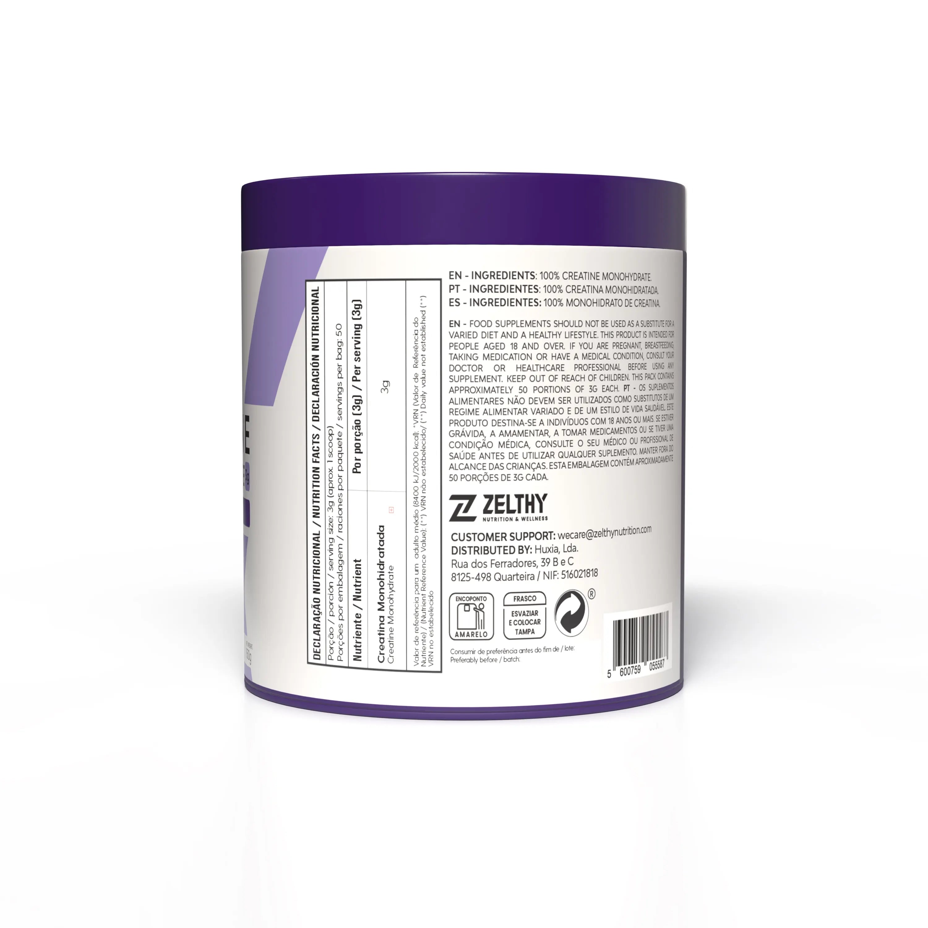 Creatina monohidratada pura Zelthy — 3g por dose 150g