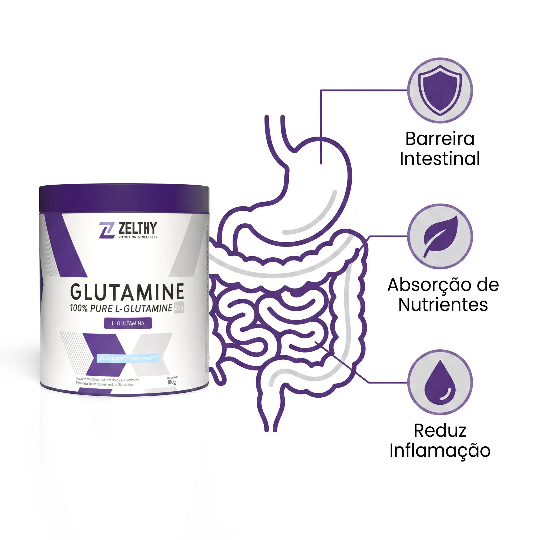 Glutamina Zelthy para saúde intestinal - fortalece a barreira intestinal e melhora a absorção de nutrientes