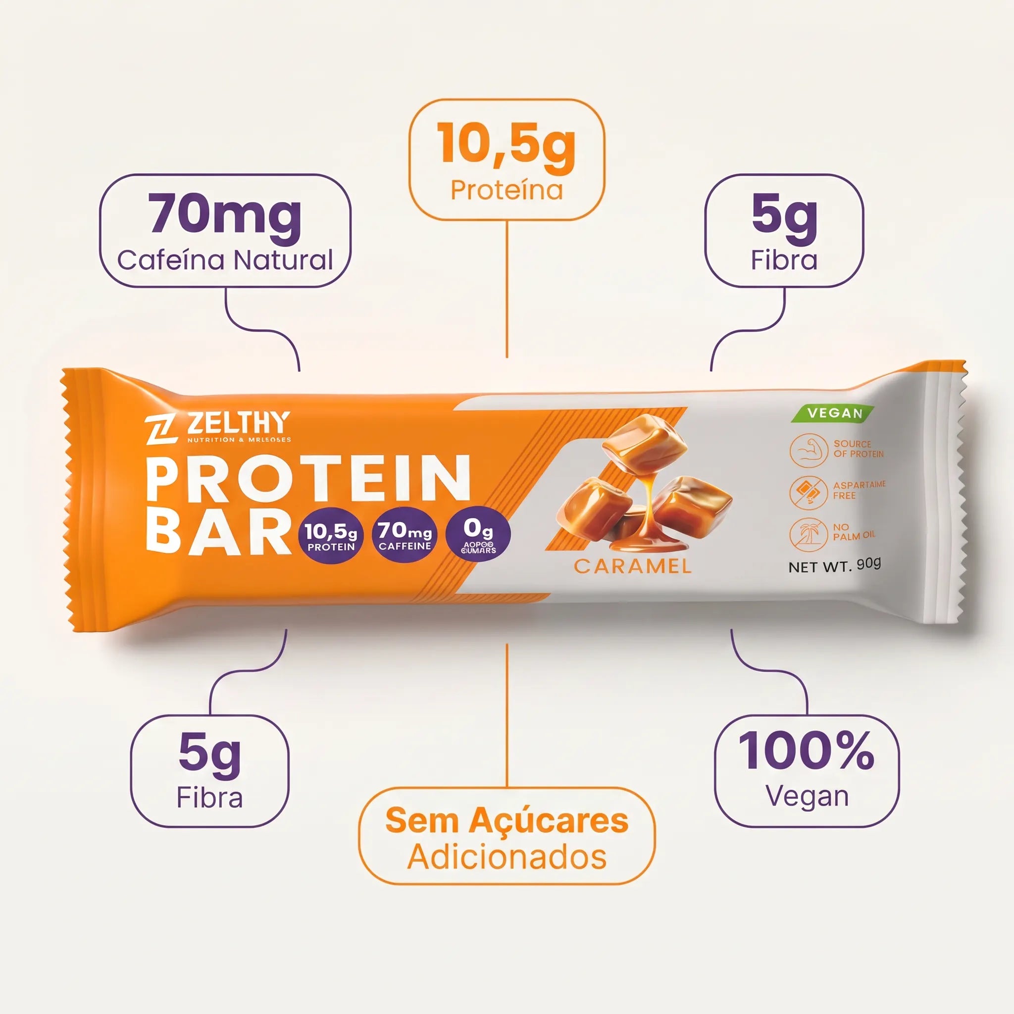 Zelthy Protein Bar Caramelo 50g – 10,5g proteína, 70mg cafeína natural, sem açúcares adicionados, vegan