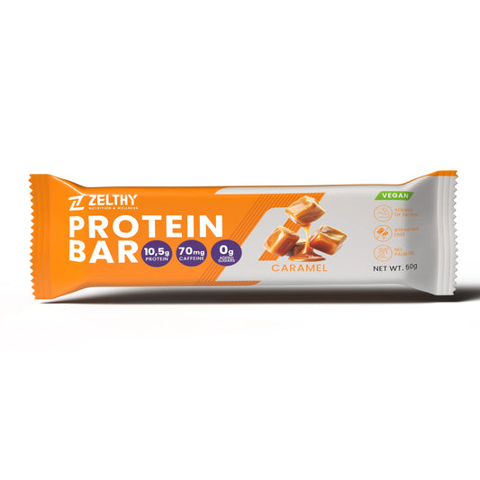 Zelthy Protein Bar Caramelo 50g – 10,5g proteína, 70mg cafeína natural, sem açúcares adicionados, vegan