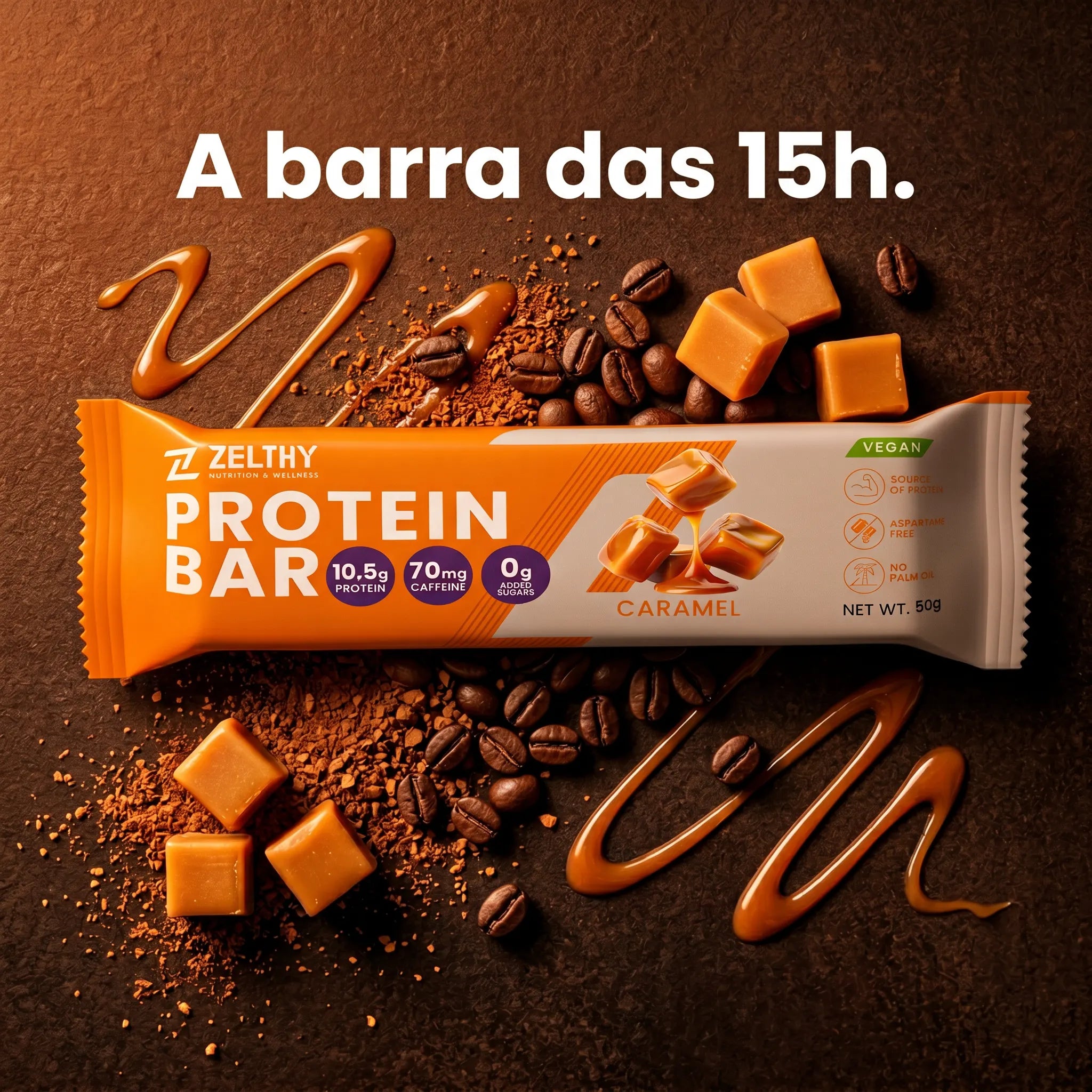 Zelthy Protein Bar Caramelo com grãos de café liofilizado e caramelo – 70mg de cafeína natural