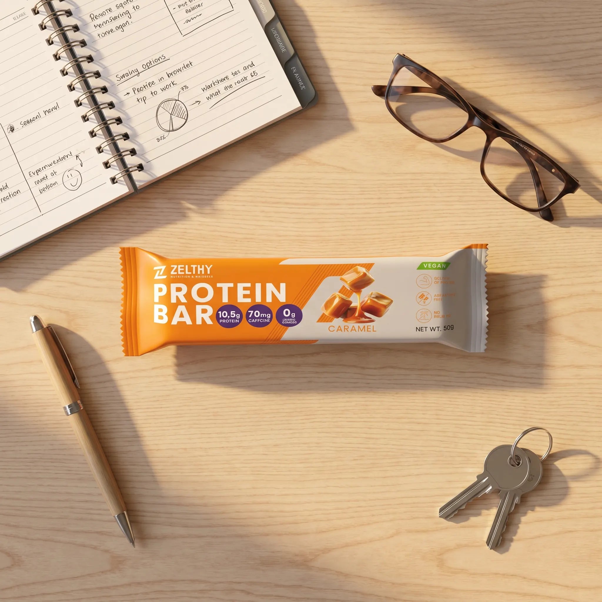 Zelthy Protein Bar Caramelo num ambiente de trabalho – o snack proteico das 15h