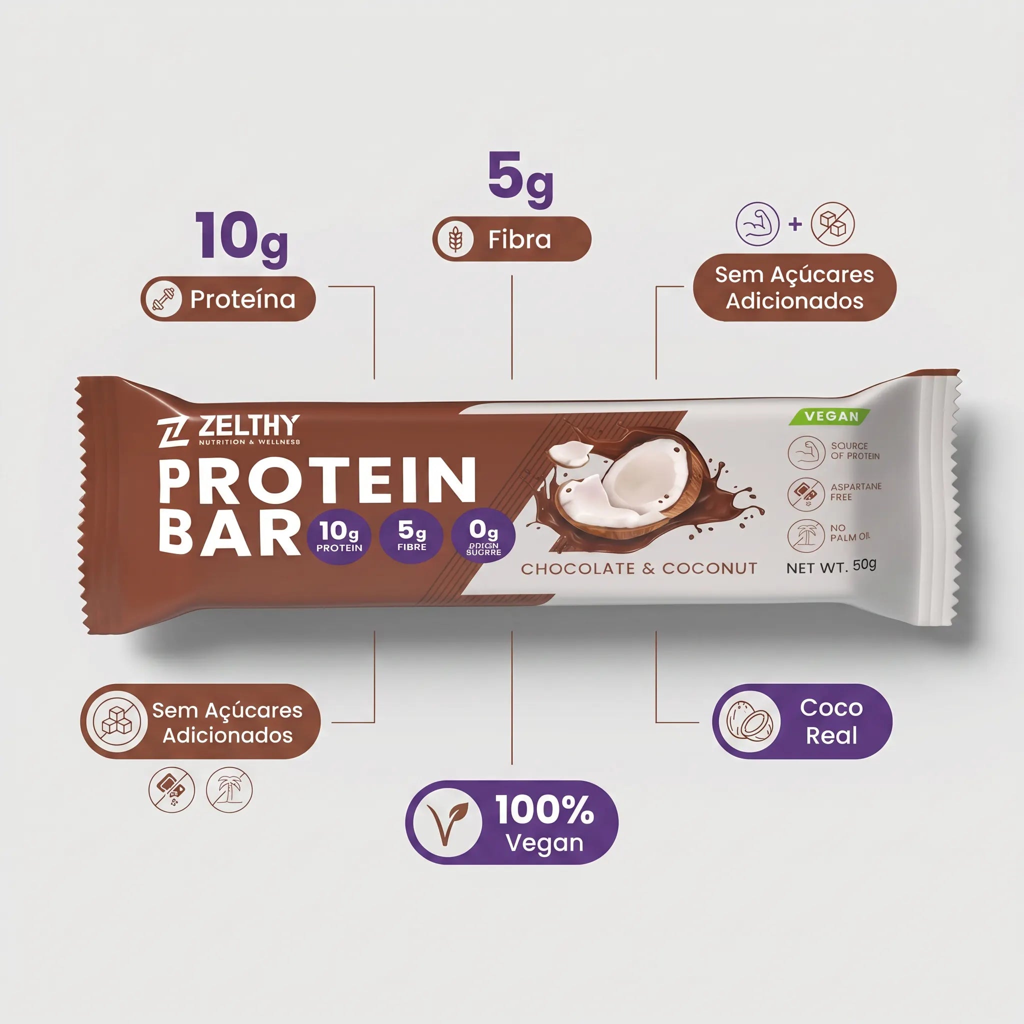 Zelthy Protein Bar Chocolate e Coco 50g – 10g proteína, sem açúcares adicionados, 100% vegan