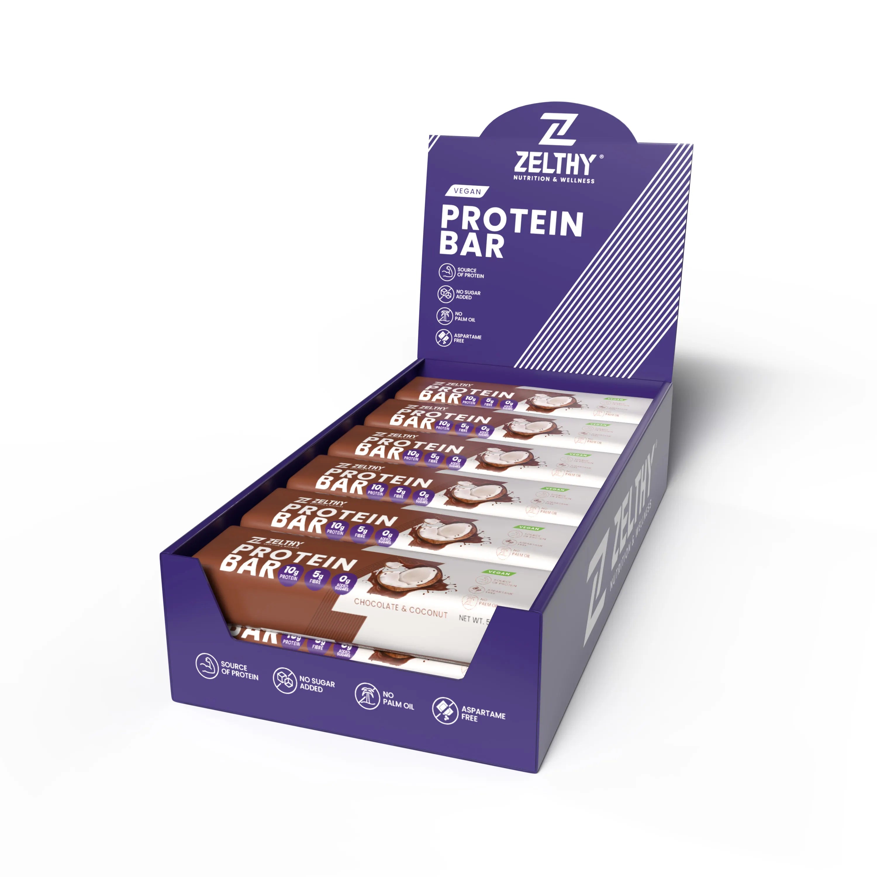 Caixa 18 unidades Zelthy Protein Bar Chocolate e Coco – barra proteica vegan