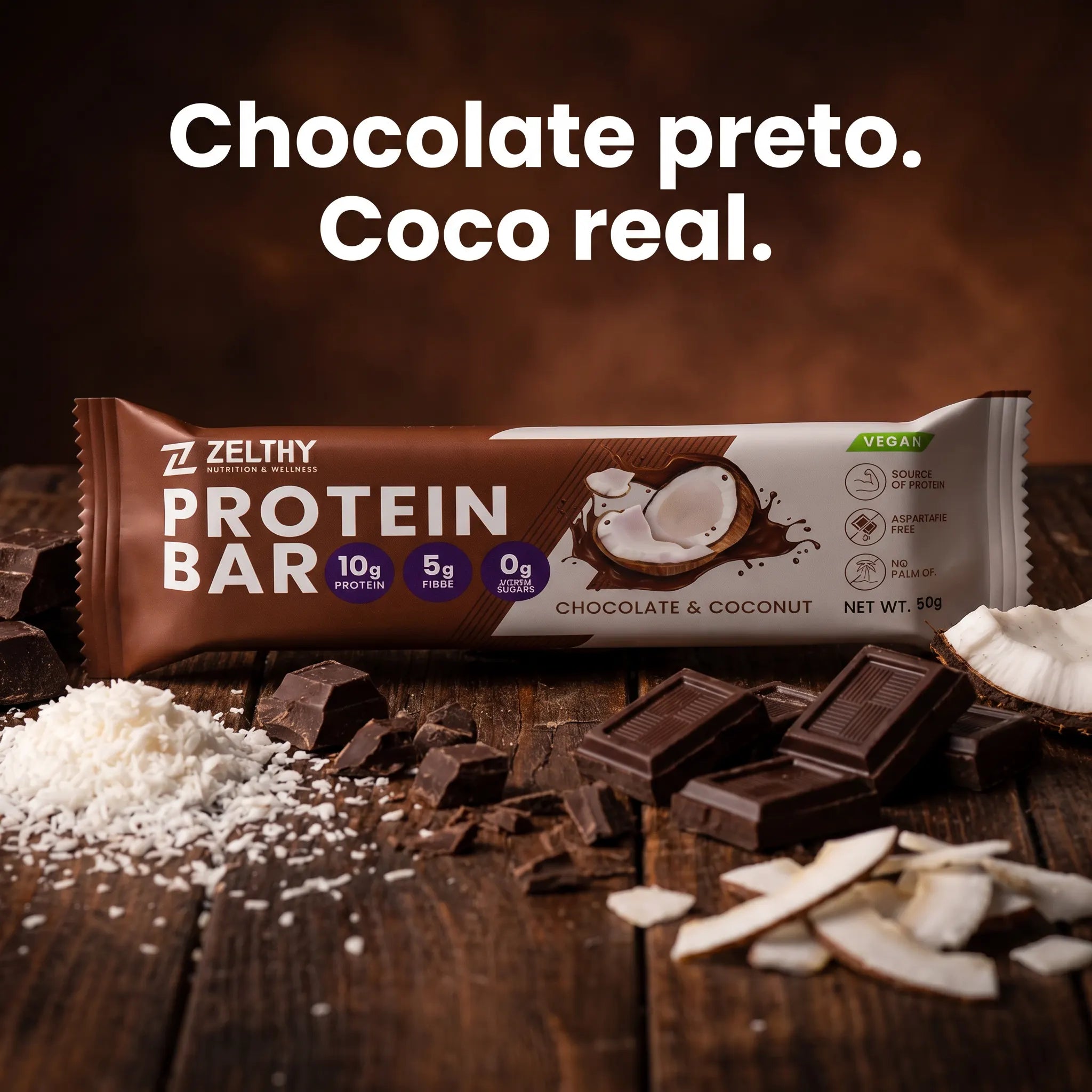 Zelthy Protein Bar Chocolate e Coco com chocolate preto e flocos de coco real