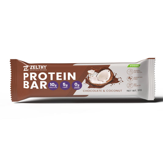 Zelthy Protein Bar Chocolate e Coco 50g – 10g proteína, sem açúcares adicionados, 100% vegan