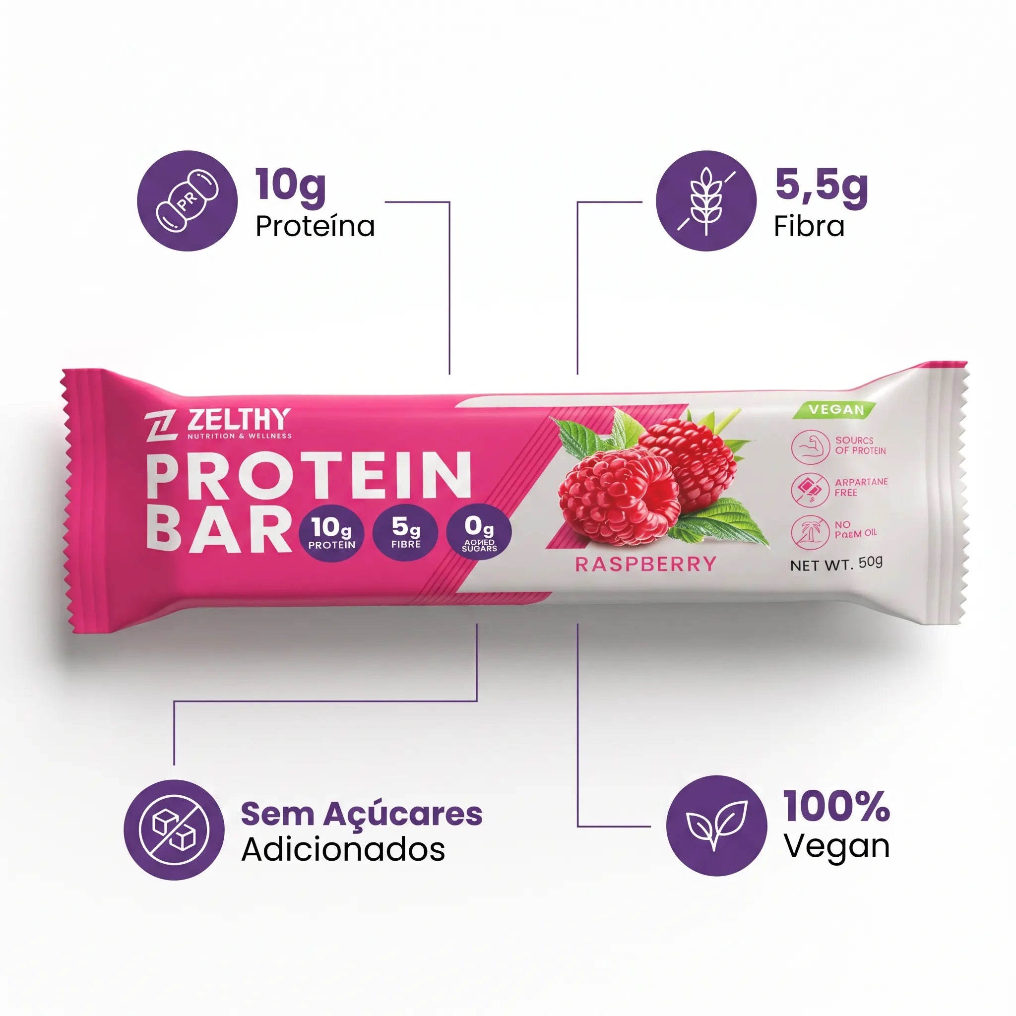 Zelthy Protein Bar Framboesa 50g – 10g proteína, sem açúcares adicionados, 100% vegan