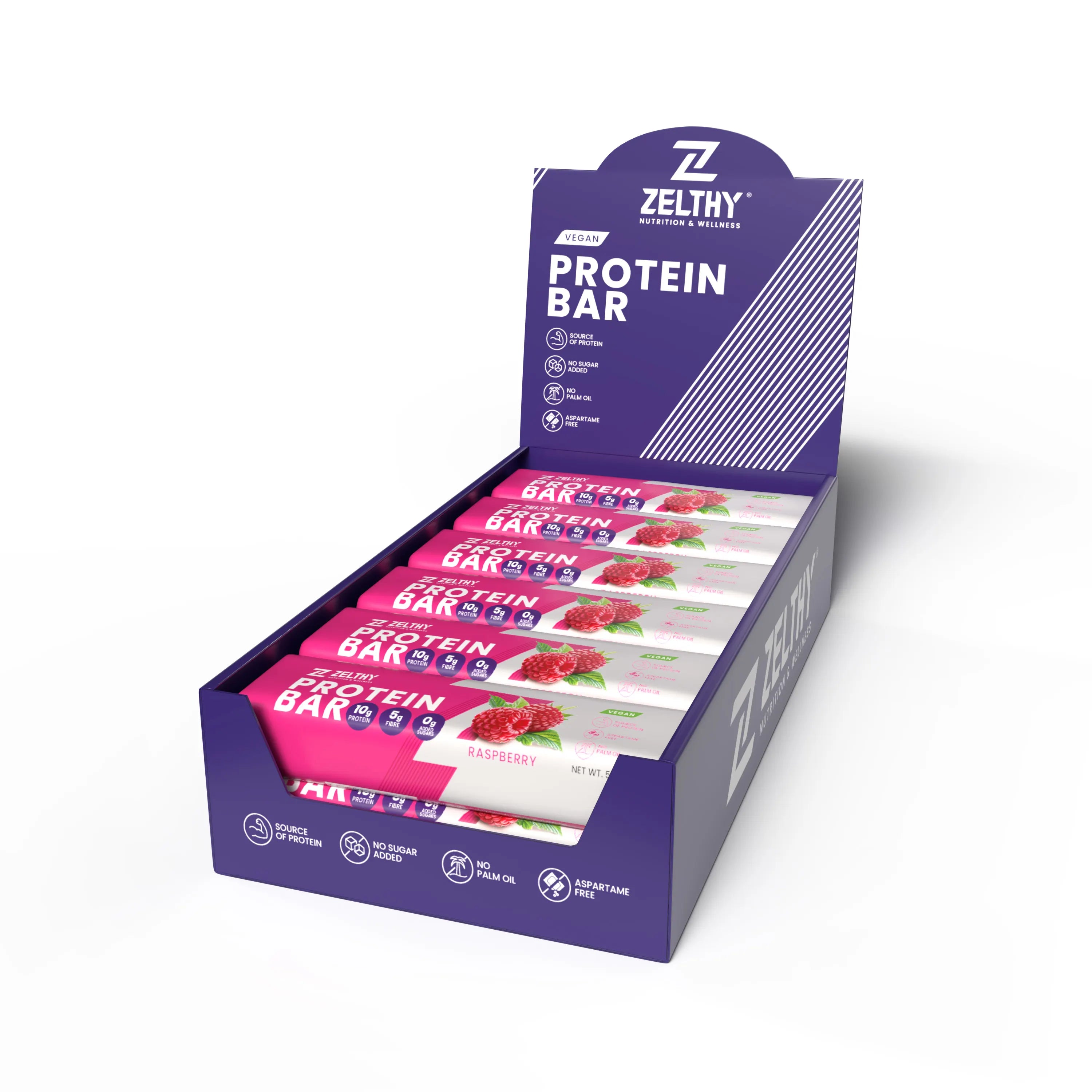 Caixa 18 unidades Zelthy Protein Bar Framboesa – barra proteica vegan sem açúcares adicionados