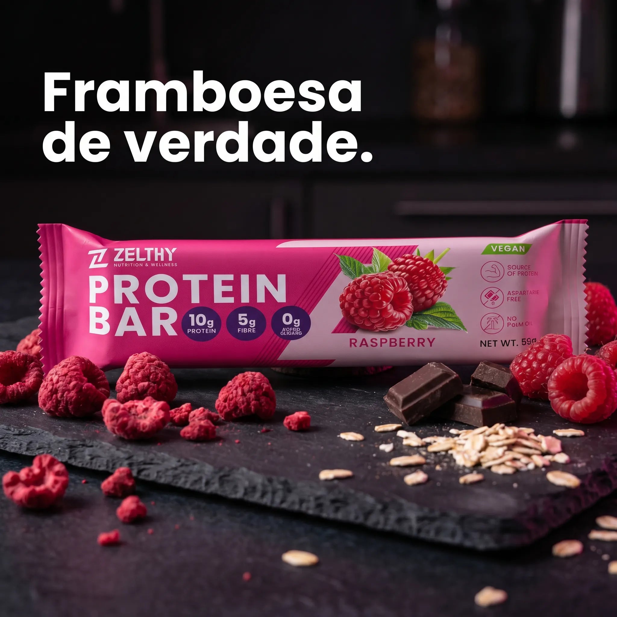 Zelthy Protein Bar Framboesa com framboesas liofilizadas reais, chocolate preto e aveia