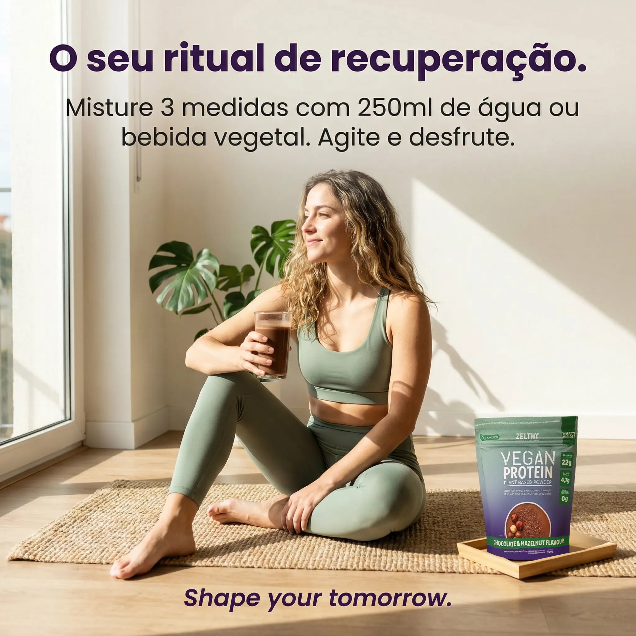 Mulher a desfrutar da Zelthy Vegan Protein Chocolate & Hazelnut — ritual de recuperação com bebida vegetal
